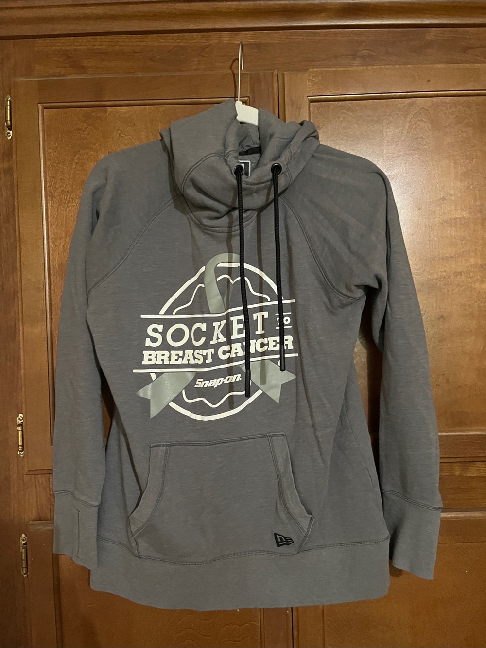 Snap-On Gray Crewneck Pullover with Breast Cancer Support Graphic